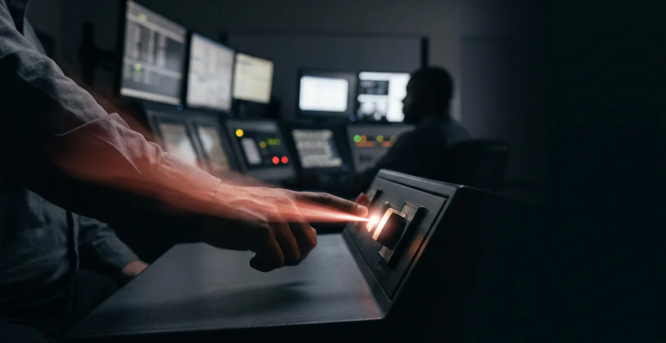 Représentation symbolique de la compression du temps entre la détection d'un danger et l'intervention rapide des équipes de sécurité