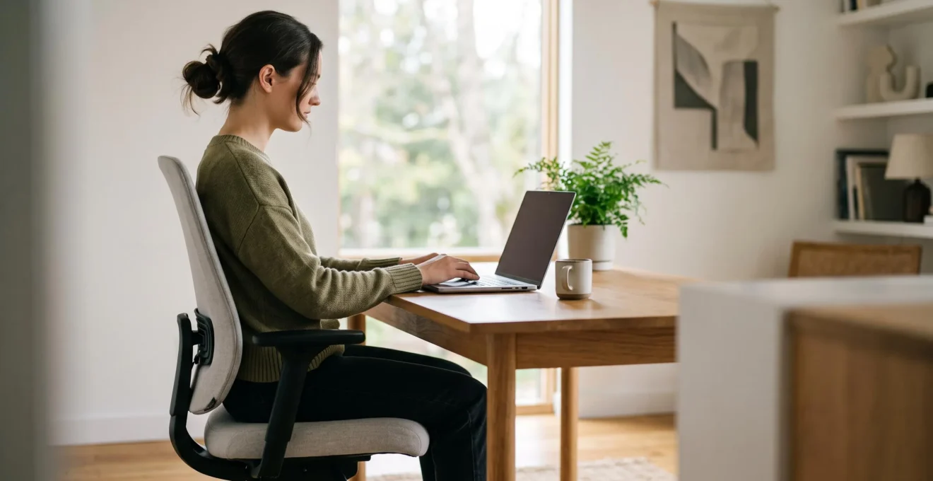 Vue laterale d'un poste de travail a domicile avec siege et bureau parfaitement ajustes pour une posture saine