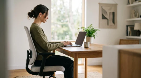 Vue laterale d'un poste de travail a domicile avec siege et bureau parfaitement ajustes pour une posture saine