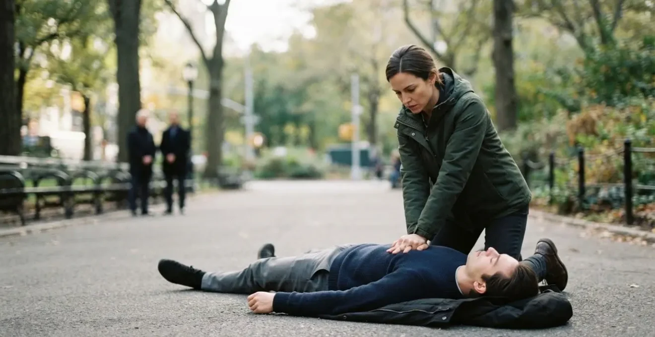 Une personne porte secours en pratiquant un massage cardiaque sur une victime allongée dans un espace public