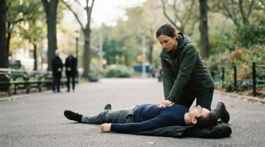 Une personne porte secours en pratiquant un massage cardiaque sur une victime allongée dans un espace public