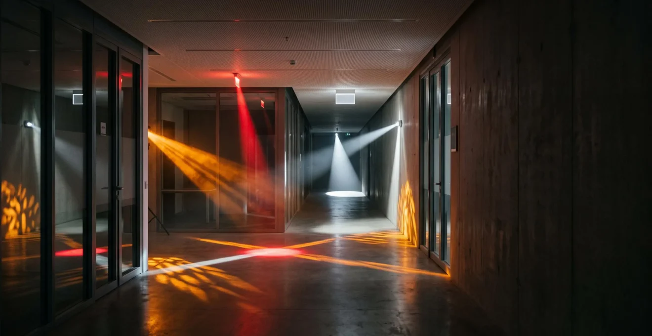 Trois faisceaux lumineux se croisant dans un couloir symbolisant des ordres contradictoires lors d'une évacuation