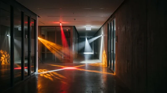 Trois faisceaux lumineux se croisant dans un couloir symbolisant des ordres contradictoires lors d'une évacuation