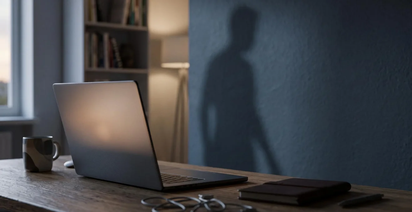 Silhouette symbolisant une menace numérique invisible approchant discrètement d'un ordinateur, illustrant la vigilance nécessaire face aux malwares