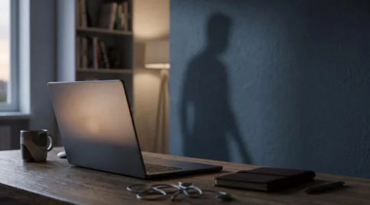Silhouette symbolisant une menace numérique invisible approchant discrètement d'un ordinateur, illustrant la vigilance nécessaire face aux malwares